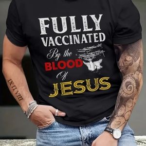 Brand New Men's "FULLY VACCINATED BY THE BLOOD OF JESUS" Black T-shirt